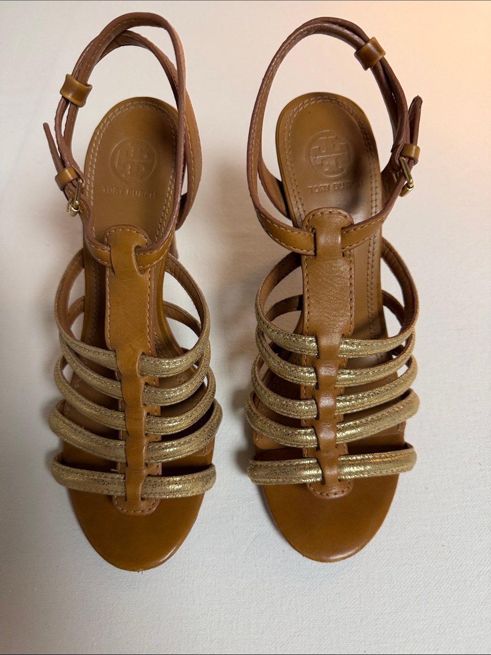 Tory Burch Tan Leather Sandal with Gold Straps